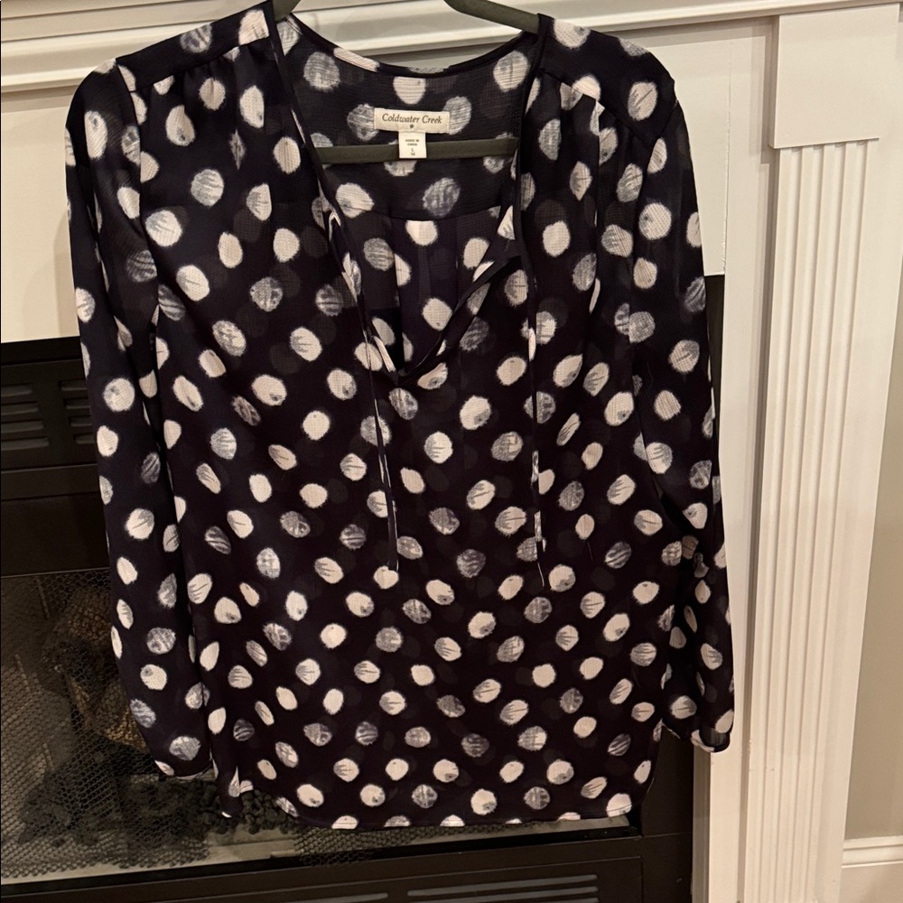 Coldwater Creek Navy and White Dot Blouse